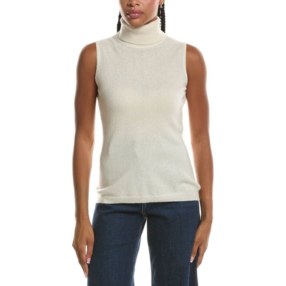 Forte Cashmere Womens Basic Sleeveless Turtleneck 100% Cashmere Sweater, White